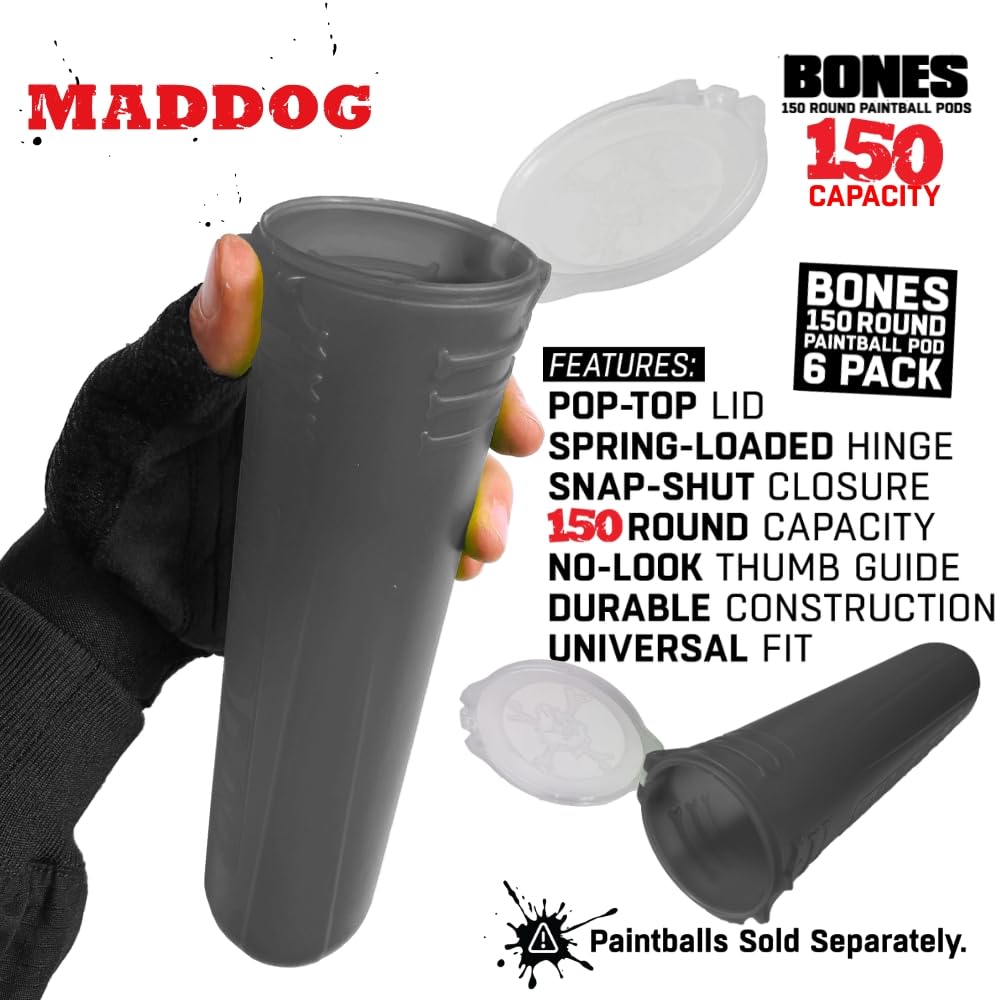 Maddog 150 Round Bones Paintball Pods | Durable Quick Reload Tubes for Tournament and Recreational Speedball Woodsball | 6 Pack - Smoke