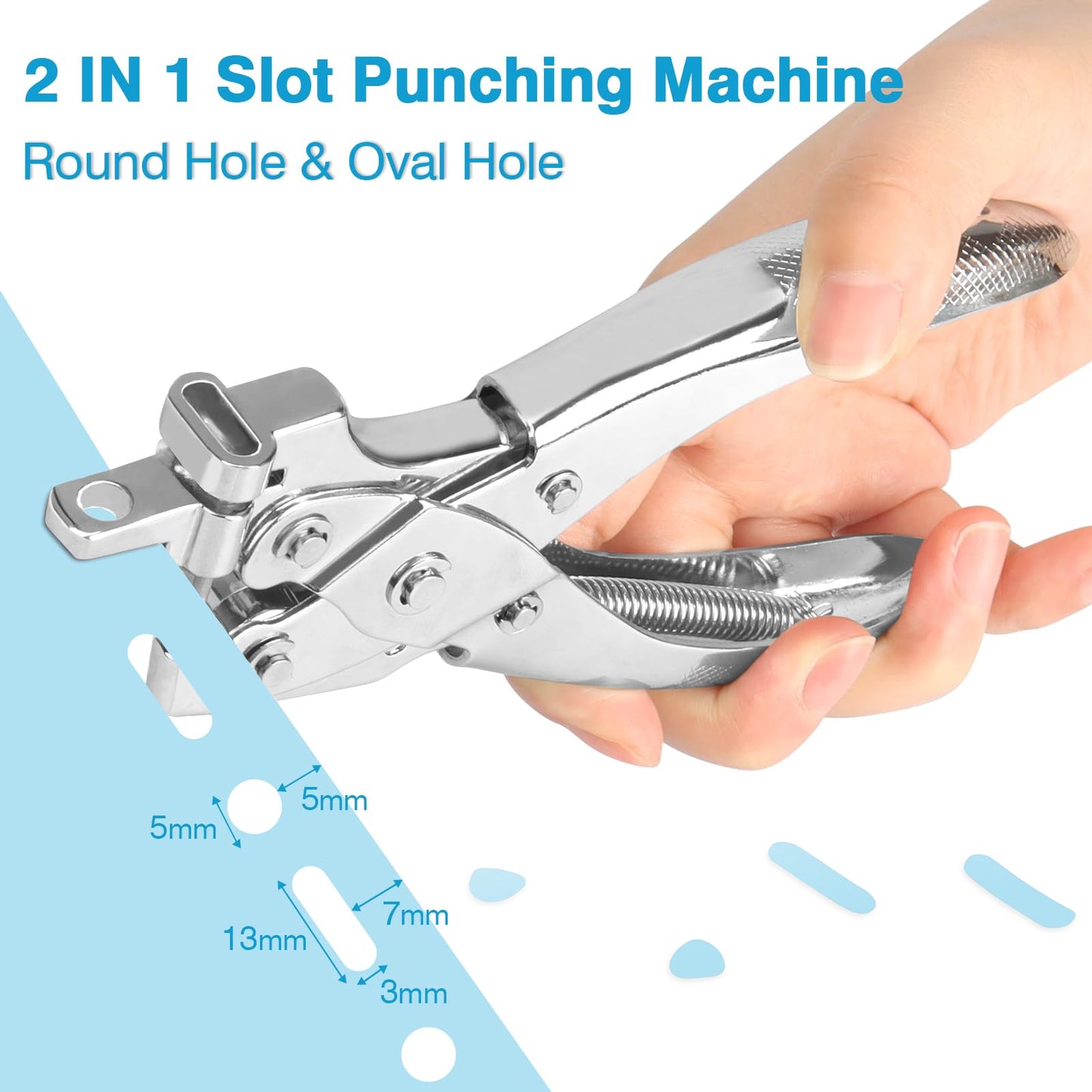 CAETOUNG 2 in 1 Badge Slot Hole Punch for ID Cards, Heavy Duty Hand Punch Metal Hole Puncher for PVC Material, Business Cards, Paper and Cardstock (5mm Round Hole &13mm X 3mm Slot Hole, Silver)
