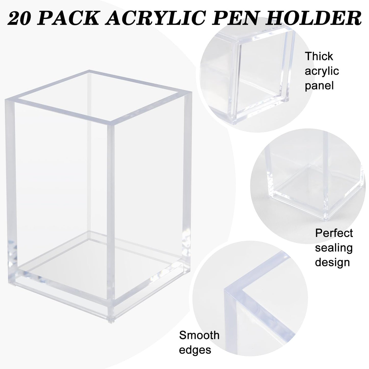 20 Pack Clear Acrylic Pen Holder for Desk, Pencil Cup Makeup Brush Organizer, Square Acrylic Pencil Holders for Office School Home Supplies, Desktop Stationery Organizer for Pens Markers Brushes