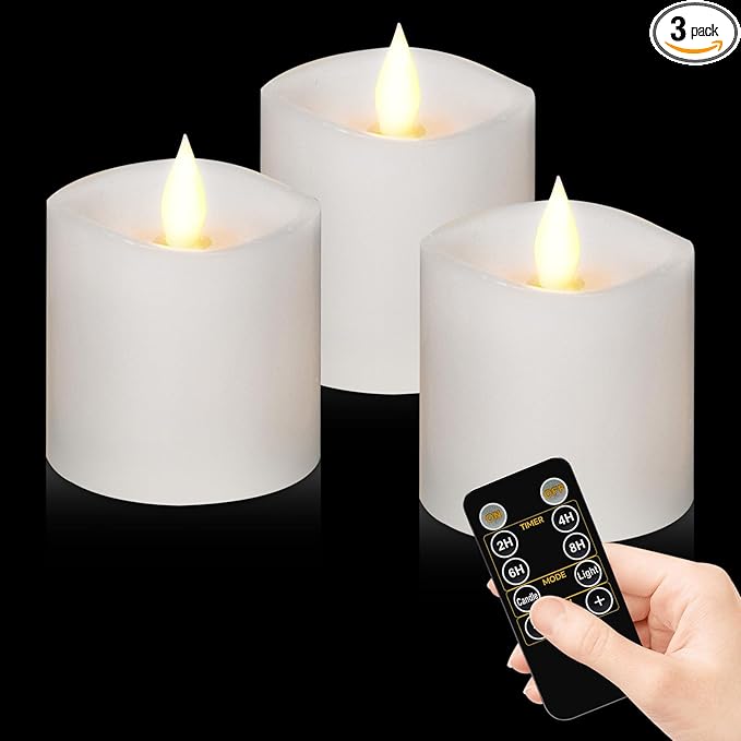 Flameless Candles with Flickering Flame & Remote - 3×3'' Battery Operated LED Pillar Candles, Smokeless Fake Candles for Indoor Use - Realistic 3 Inch Drip-Free Candles with Timer (White, 3-Pack)