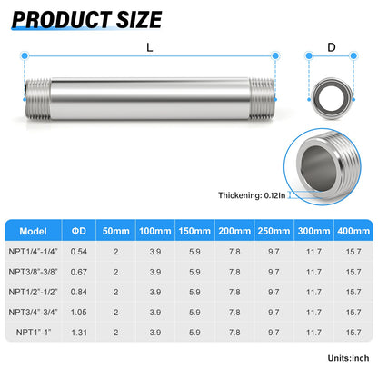 TAILONZ PNEUMATIC 1" NPT Male x 1" NPT Male 304 Stainless Steel Pipe Nipple, 10" Length Thickened Cast Pipe Fitting, Threaded Connector（Pack of 3）