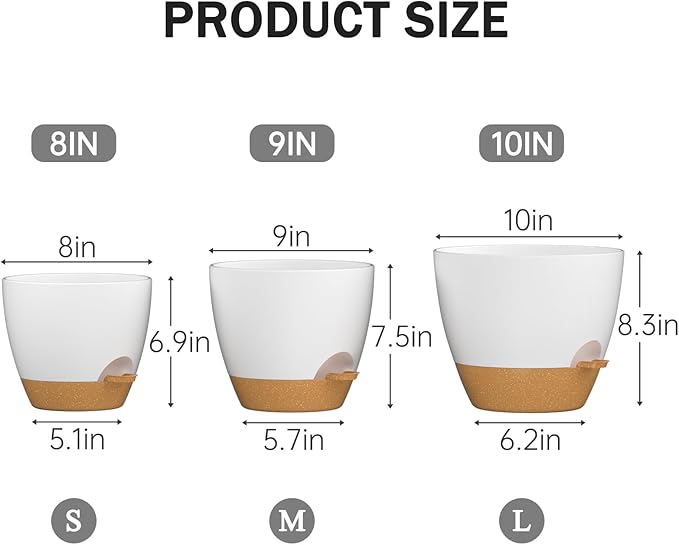 ZMTECH 8/9/10 Inch Self Watering Plant Pots with Watering Lip, Planters with Drainage Holes and Removable Saucer, Plastic Flower Pots for Indoor Outdoor Plants (3 Pack,White)