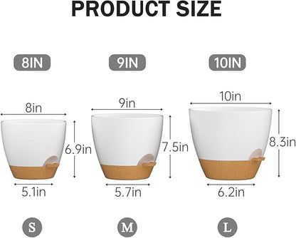 ZMTECH 8/9/10 Inch Self Watering Plant Pots with Watering Lip, Planters with Drainage Holes and Removable Saucer, Plastic Flower Pots for Indoor Outdoor Plants (3 Pack,White)
