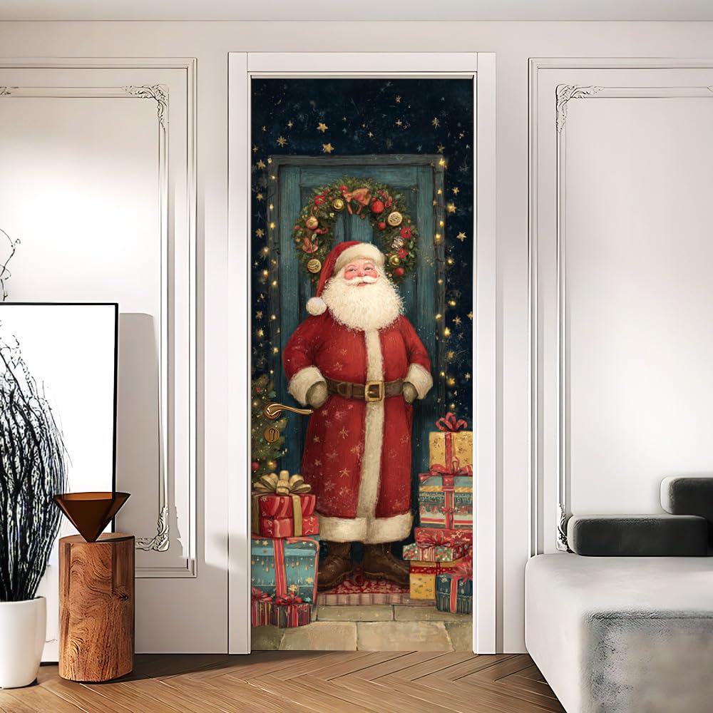 Santa Claus Christmas Door Mural Peel and Stick - Festive Holiday Gifts & Wreath Design, Decorative Self-Adhesive Door Decals for Indoor Room Decor, 30.31 x 78.74 Inch