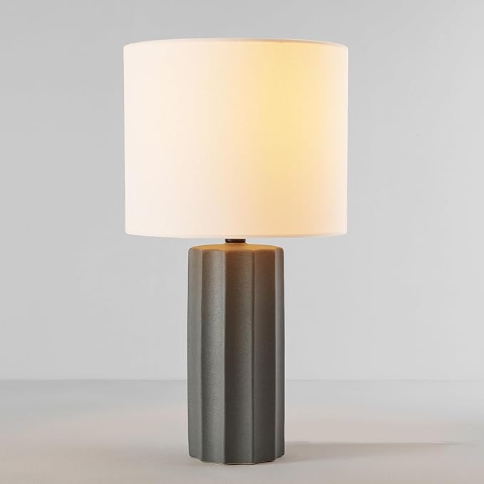 GLOBE Electric 61000061 20" Ribbed Ceramic Table Lamp, Dark Gray Concrete Finish, White Linen Shade, On/Off Rotary Switch on Socket, for Living Room, Bedroom, Office, Home Décor