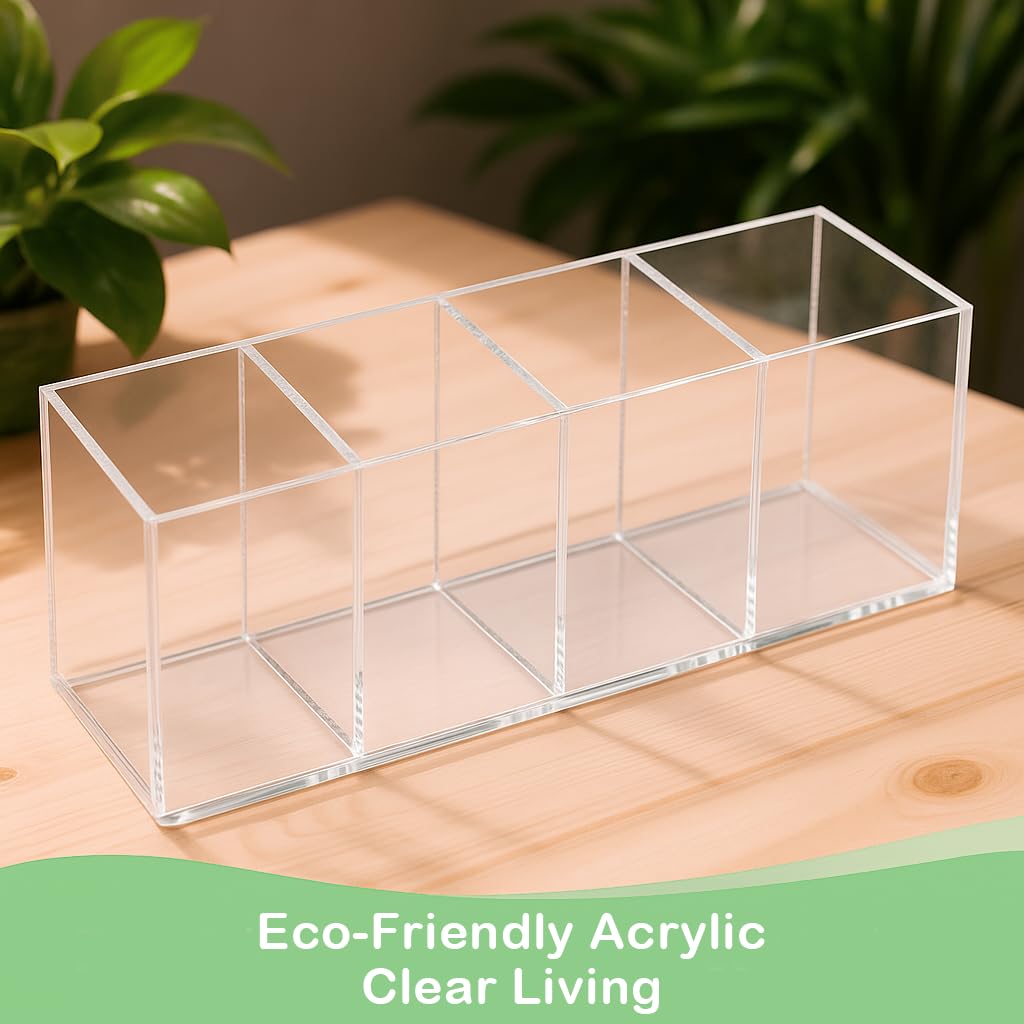 elysolpluv Clear Acrylic 4-Compartment Organizer Box, Large (8.7" × 3.0" × 3.7") – Handcrafted, Eco-Friendly, Minimal Packaging Home Storage Organizer