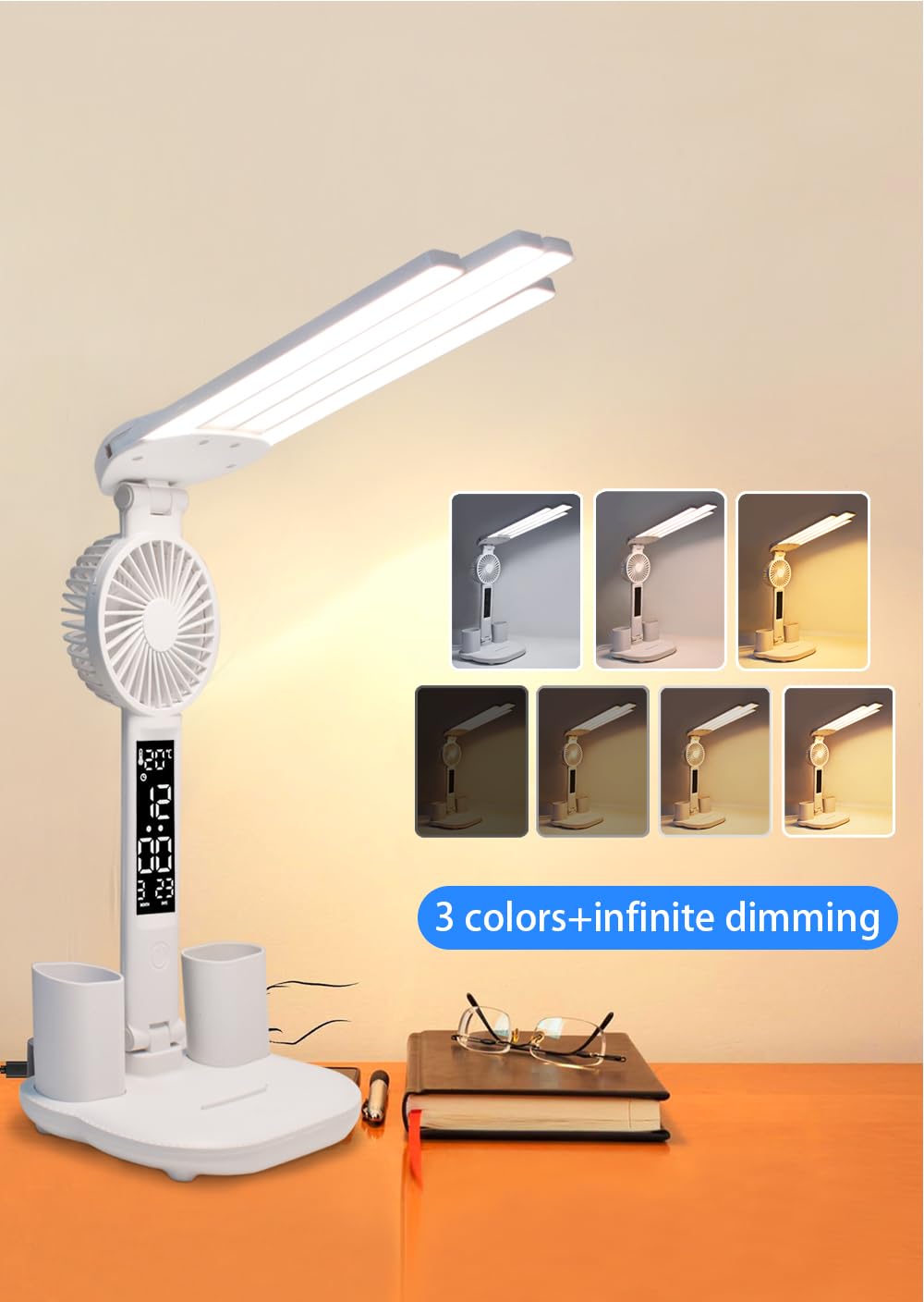 niccryle Led Desk Lamp with Fan Study Light with Clock, Adjustable Foldable Table Lamp with Pen Holder, 3 Brightness Levels, USB Charging Port