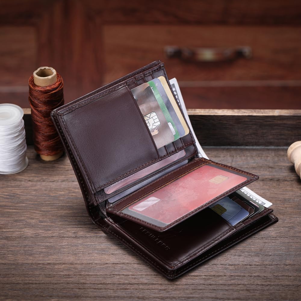LEBULLBRO Leather Wallet for Mens Bifold Wallet RFID Blocking Large Capacity Purse Credit Card Holder for Men with 15 Card Slots (Coffee)