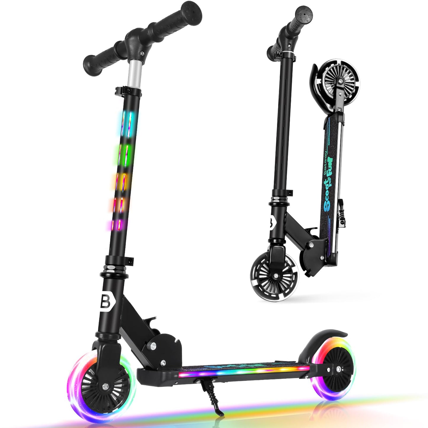 BELEEV Scooters for Kids with Light-Up Wheels & Stem & Deck, 2 Wheel Folding Scooter for Girls Boys, 4 Adjustable Height, Lightweight Kick Scooter with Kickstand for Children Ages 3-12 (Dark Black)