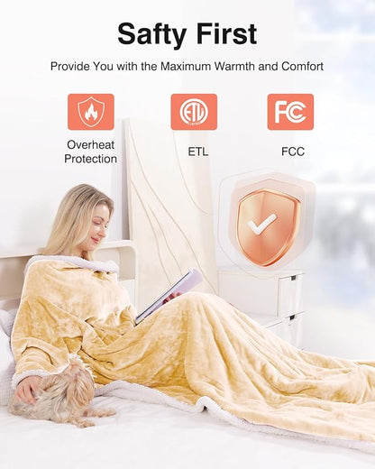 Heated Blanket with Sleeves, Wearable Electric Heated Blanket for Gifts, Electric Throw Wrap Poncho Shawl with Pockets, 6 Heating Levels & 4 Hours Time Settings, 50 x 70 Inch (Beige)