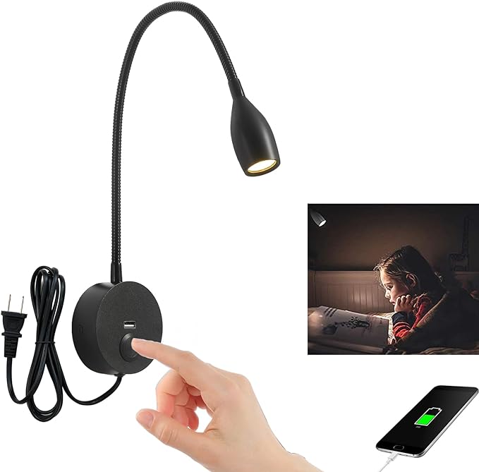 Dimmable Reading Light Plug in Wall Mounted Bedside Headboard Reading Light Task Directional Gooseneck LED Light 3W Output (Black, 120V Plug in, Warm White)