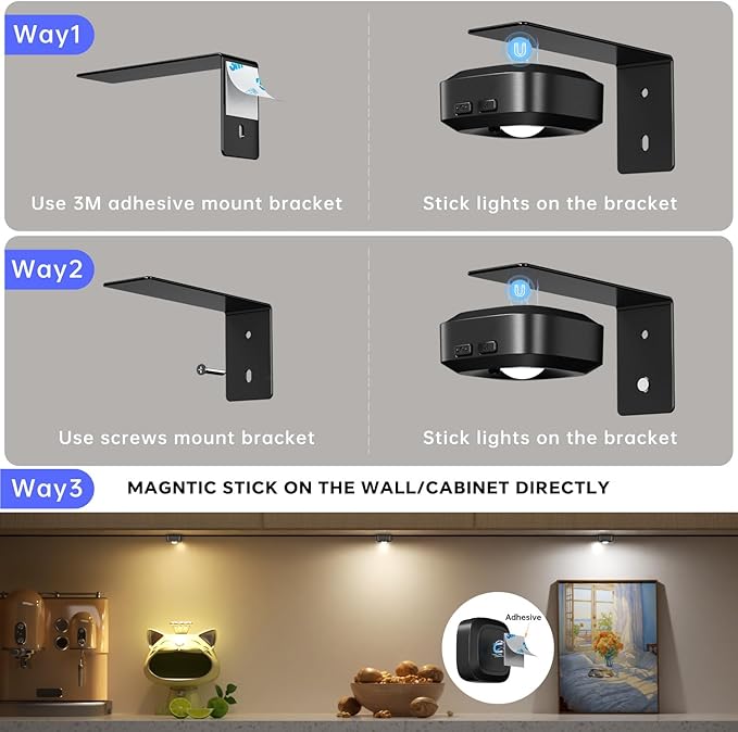 Lightbiz Picture Light 3 Pcs, Rechargeable Battery Operated Picture Lights for Wall, Magnetic Wall Lights with 3 Color Temps, Remote Dimmable Timer Poster Lights for Art Display, Frame