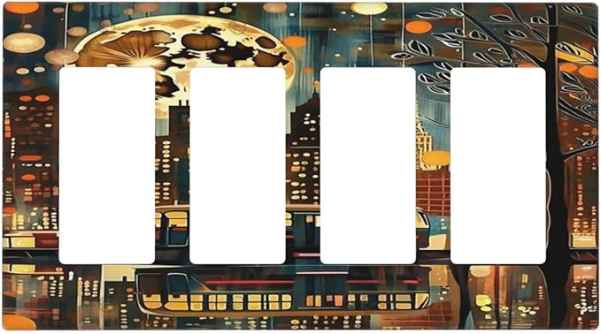 City Light Moon Bus Abstract Art Light Switch Cover 4 Gang Rocker Decora Outlet Covers Wall Plate Decorative Switchplate Electrical Faceplate GFCI for Farmhouse Living Bedroom Decor
