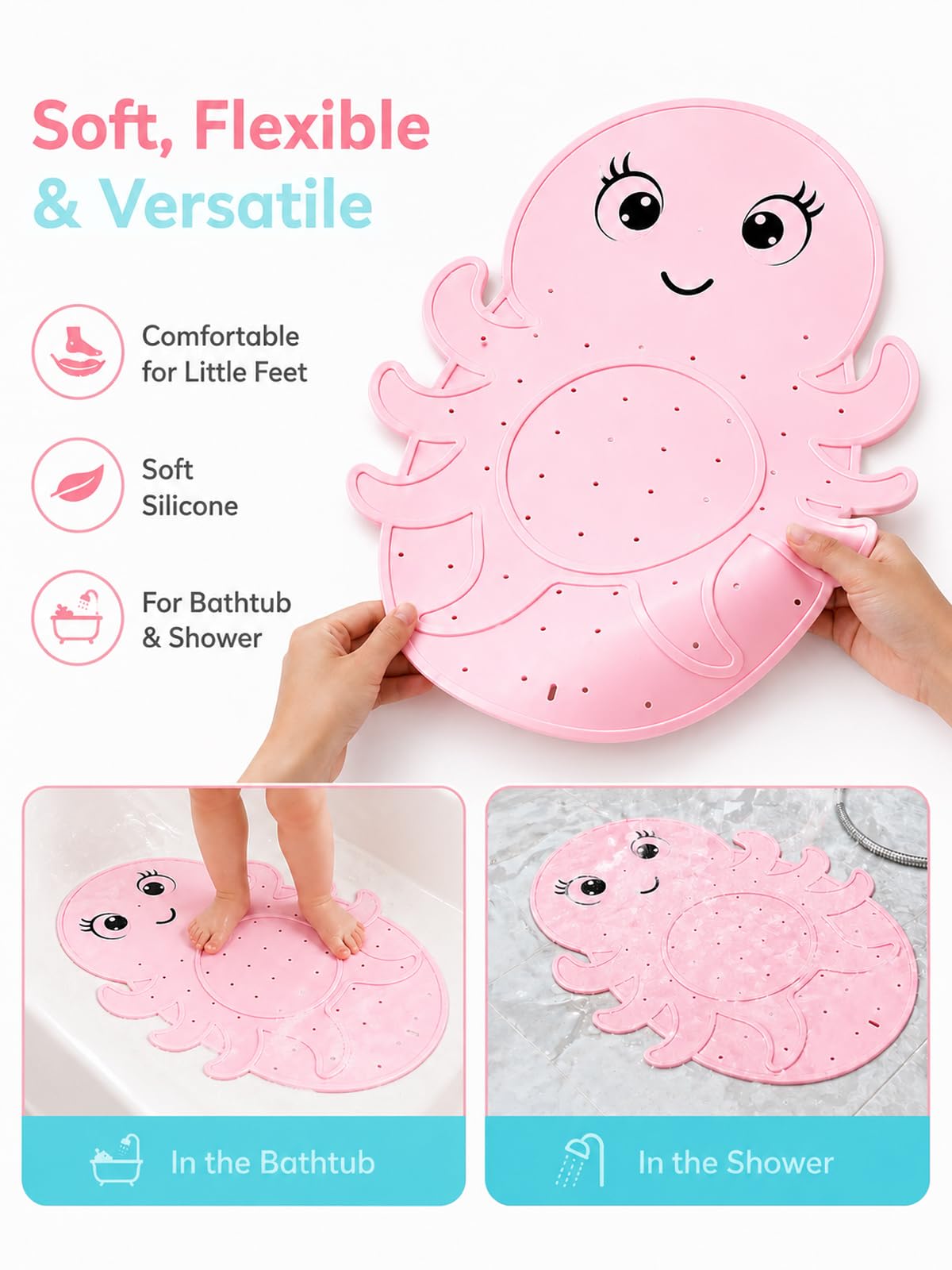 Zuplo Kids Bathtub Mat Non Slip, Soft Silicone Octopus Baby Bath Mat for Tub, Toddler Bath Mat with Large Suction Cups, Washable Anti Slip Shower Mat for Children, Smooth Tub Surface Only