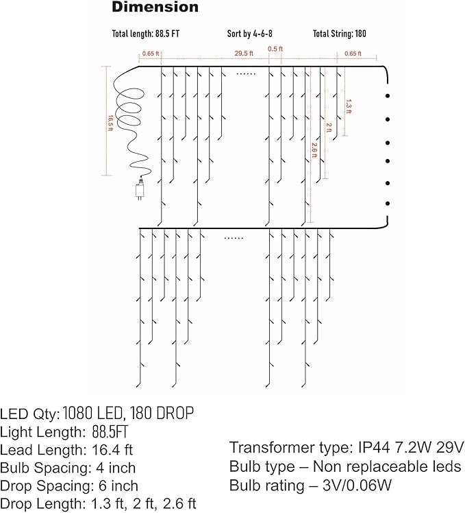 Dazzle Bright Christmas Icicle Lights, 88.5 FT 1080 LED 8 Modes Curtain Fairy Lights with 180 Drops, Xmas String Lights for Outdoor Holiday Wedding Party Decorations (Warm White)