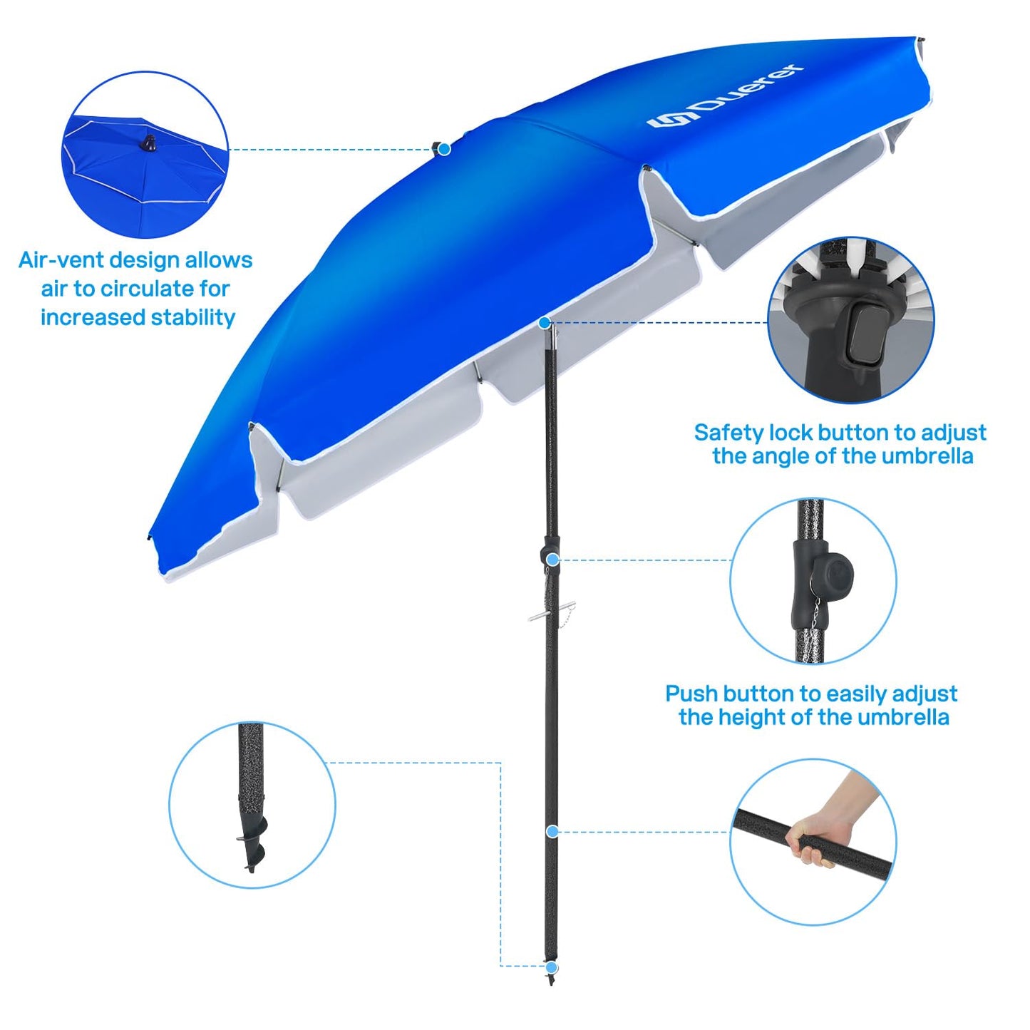 Duerer Beach Umbrellas, 8.5FT Beach Umbrella for Sand with Anchor Heavy Duty Windproof, Height Adjustable Tilt Iron Pole, Portable Beach Umbrella with Carrying Bag for Beach, Patio Garden Outdoor