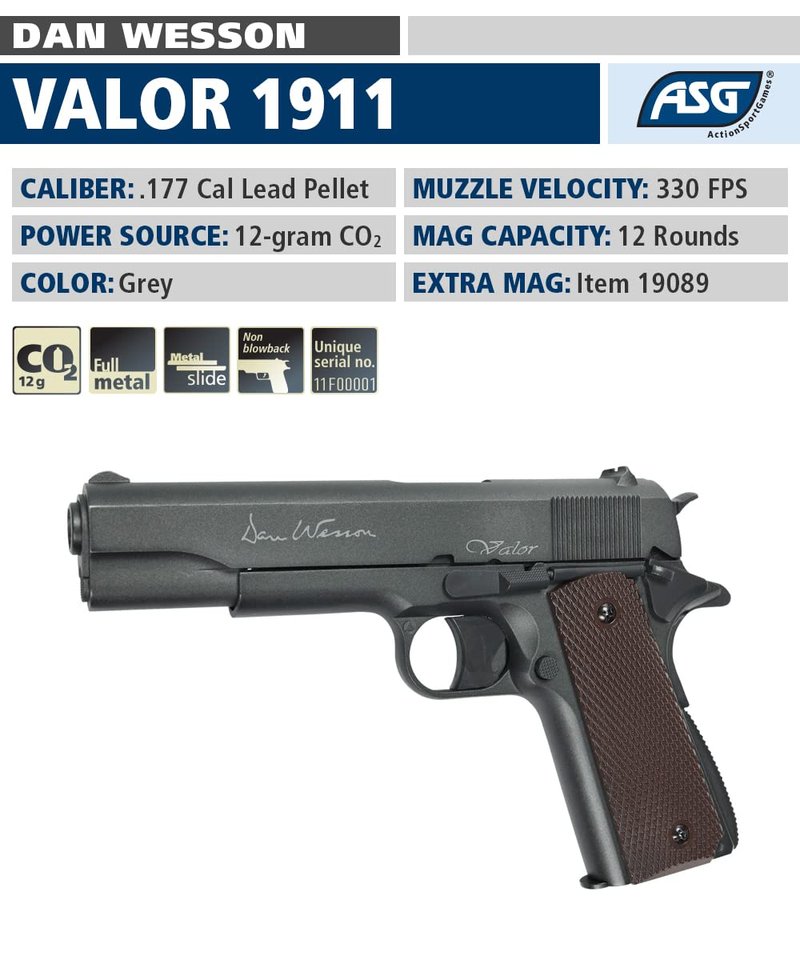 ASG Dan Wesson Valor 1911 Airgun - Steel Grey CO2 Pellet Pistol - Non-Blowback, 4.5mm/.177 Cal, Full Metal, Rotatable 2x6rd Drum Magazine