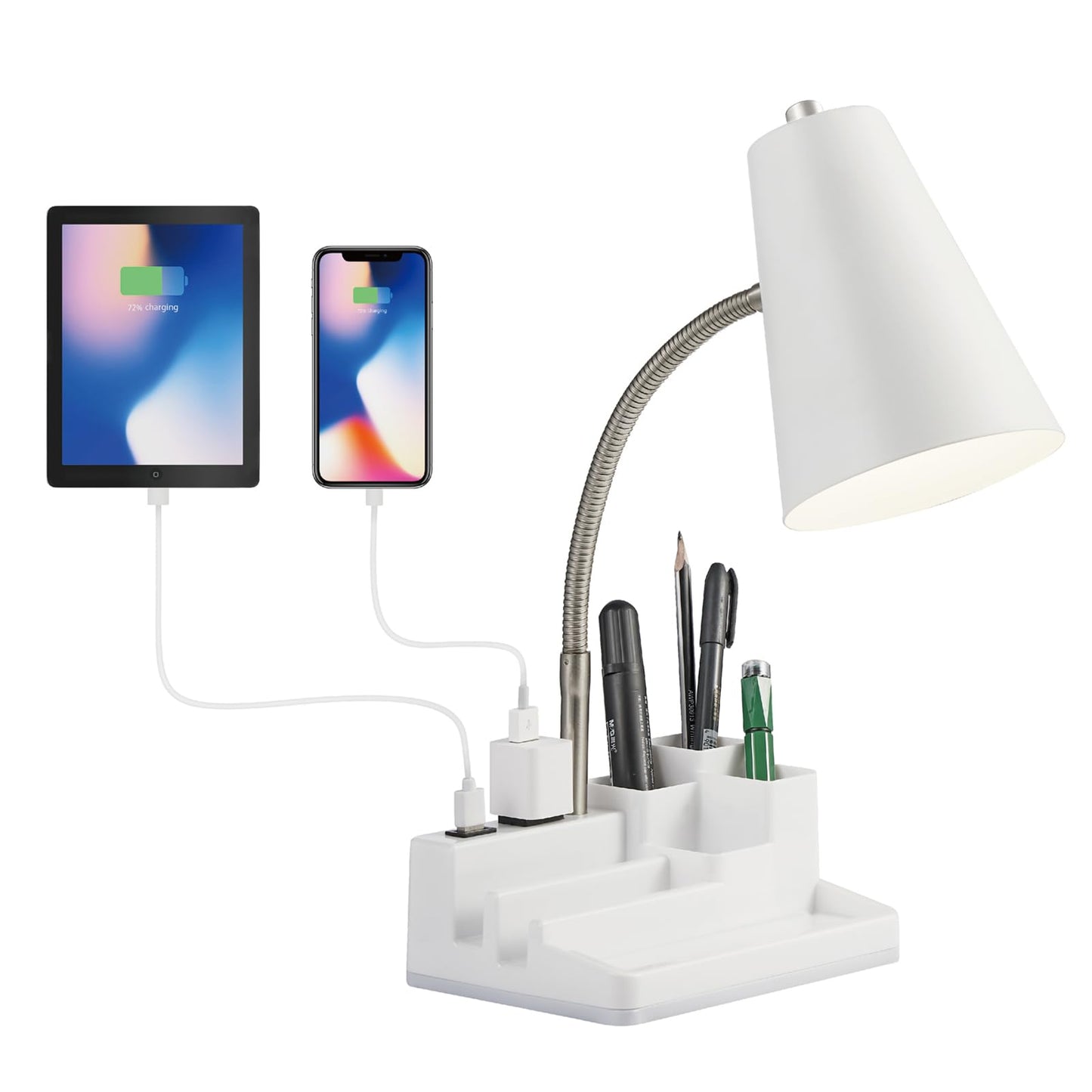 lianheng Desk Lamp Cute for Small Space, Lamp Desk with USB Port and Outlet, Desk Lamps for Home Office with Pen Holder, Study lamp for College Dorm Room, Flexible Arm, White