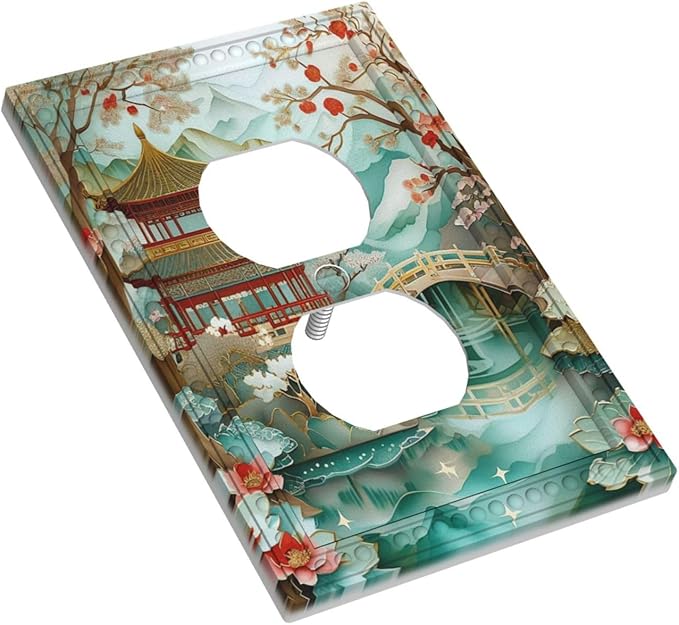 Asian Palace Traditional Bridge Cherry Blossoms Light Switch Cover 1 Gang Outlet Plate Single Duplex Wall Plate Covers Decorative Switchplate Covers Electrical Faceplate for Home Decor