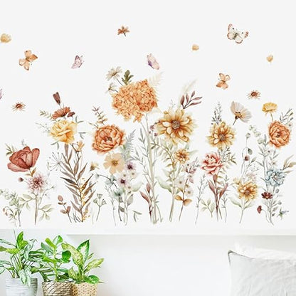 Boho Wall Decor Stickers Floral Wallpaper Peel and Stick Pretty Flowers Butterfly Wall Decals for Living Room Baby Kids Nursery Girls Bedroom Wall Decoration