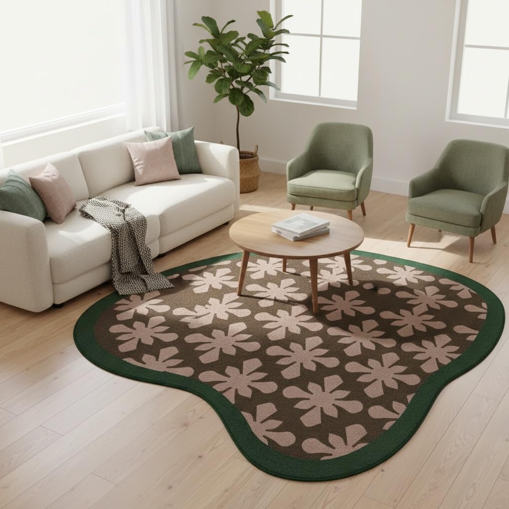 Irregular Shaped Area Rug Unique Aesthetic Green Brown Floral Pattern Rug for Bedroom Livingroom Hallway Entryway Minimalist Mid Century Carpet 3ft Washable No Slip Diningroom Kitchen Floor Rug