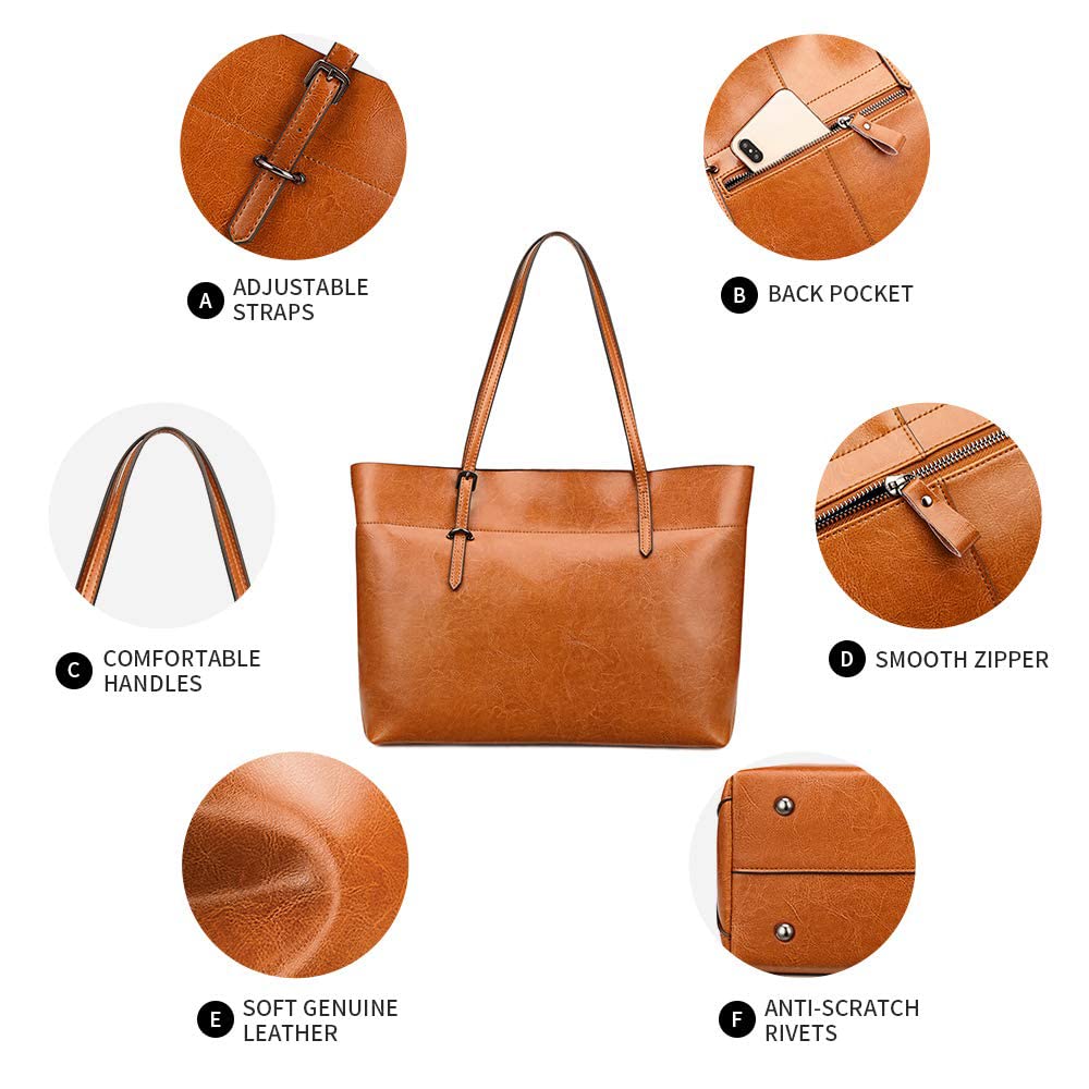 Kattee Vintage Genuine Leather Tote Shoulder Bag for Women Satchel Handbag with Top Handles (Light Brown)