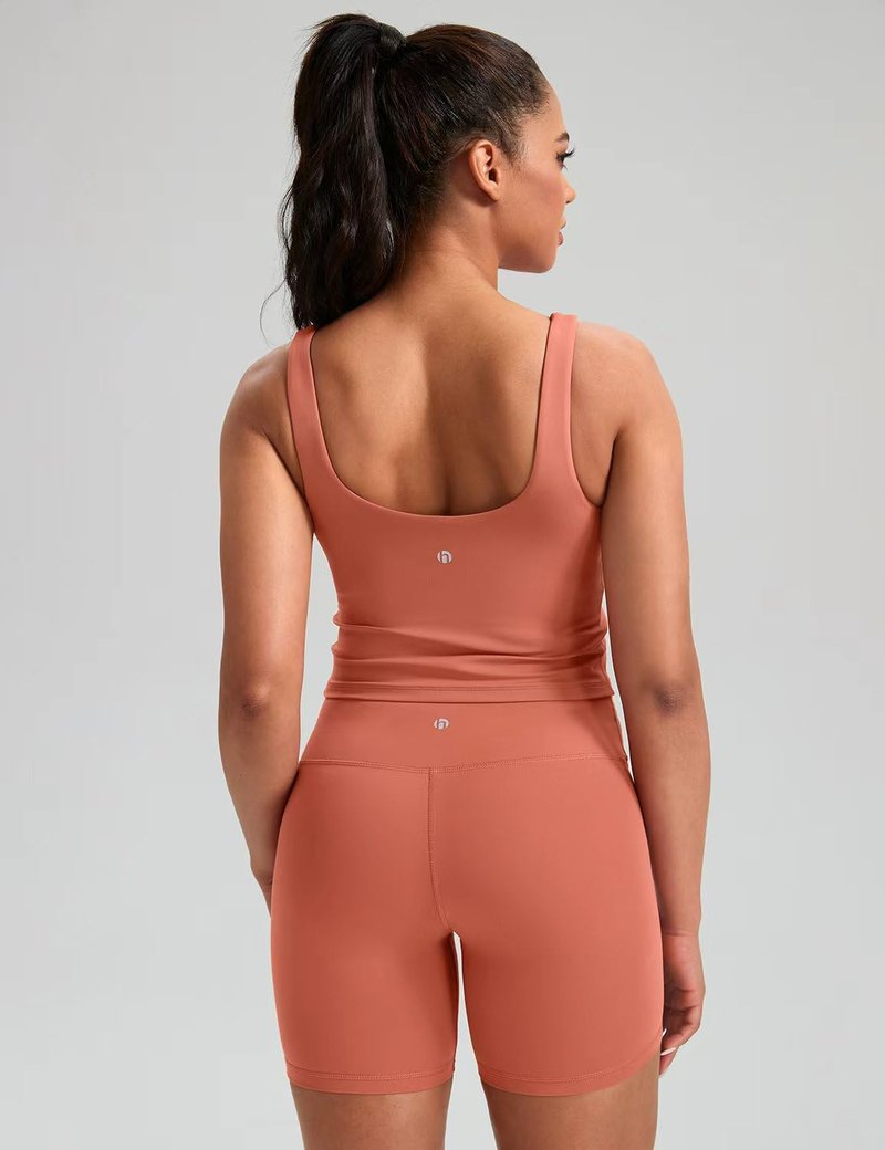 HeyNuts Zeal Bra Womens Scoop Neck Longline Sports Bras, U Back Medium Impact Wirefree Workout Athletic Running Basic Gym Yoga Crop Tank Tops Padded Camisole with Built in Bras Paprika S