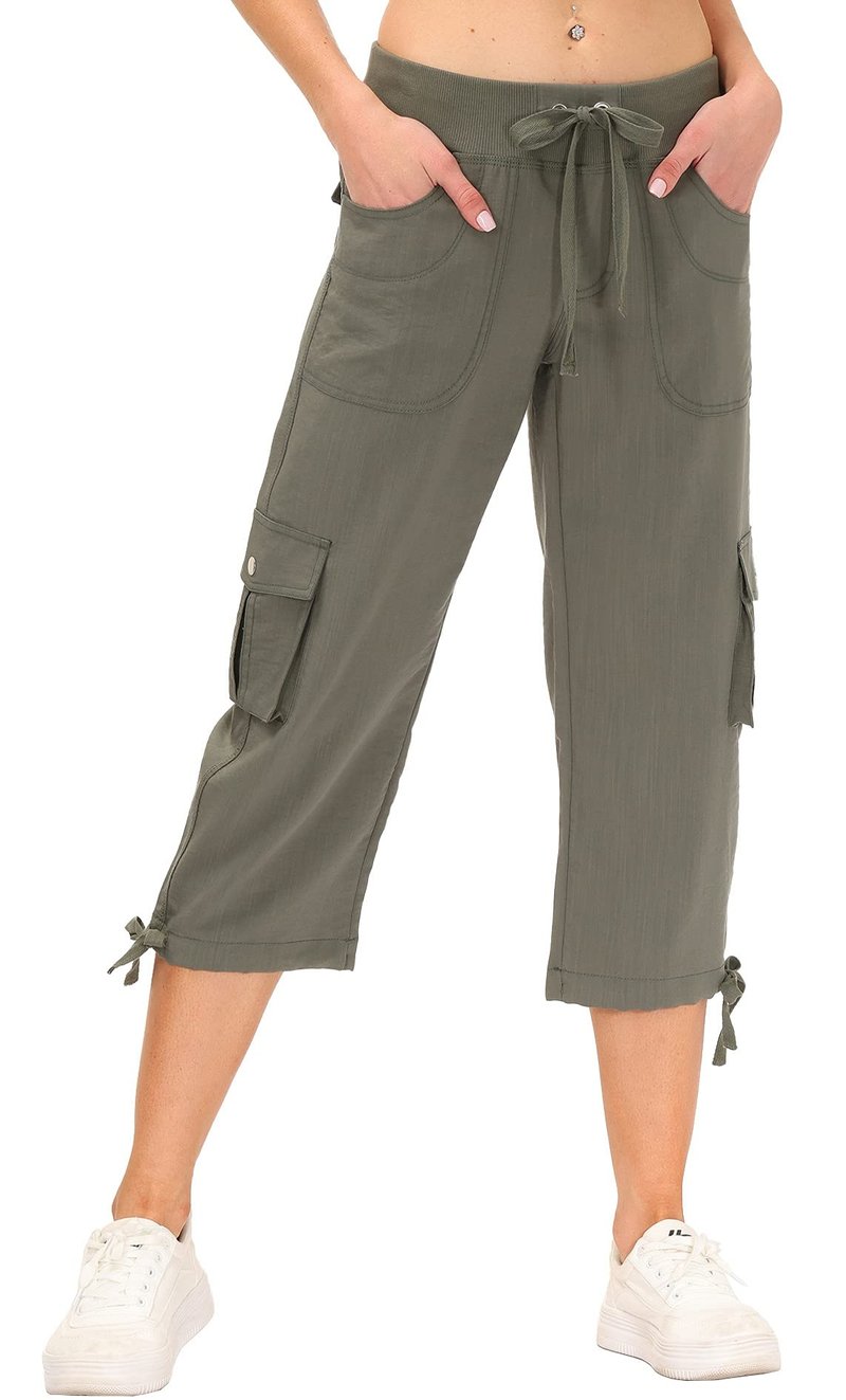 MoFiz Women's Cargo Capris Hiking Pants Lightweight Quick Dry Running Outdoor Casual Shorts Button Pockets UPF 50+ Army Green S