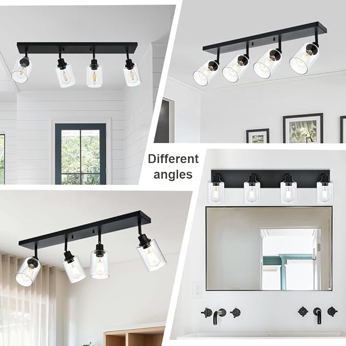 4 Light VINLUZ Vanity Wall Light with Clear Glass Shade Indoor Bathroom Fixture Multi-Directional Rotating Metal Ceiling Spotlight Fixture with Adjustable Track Heads