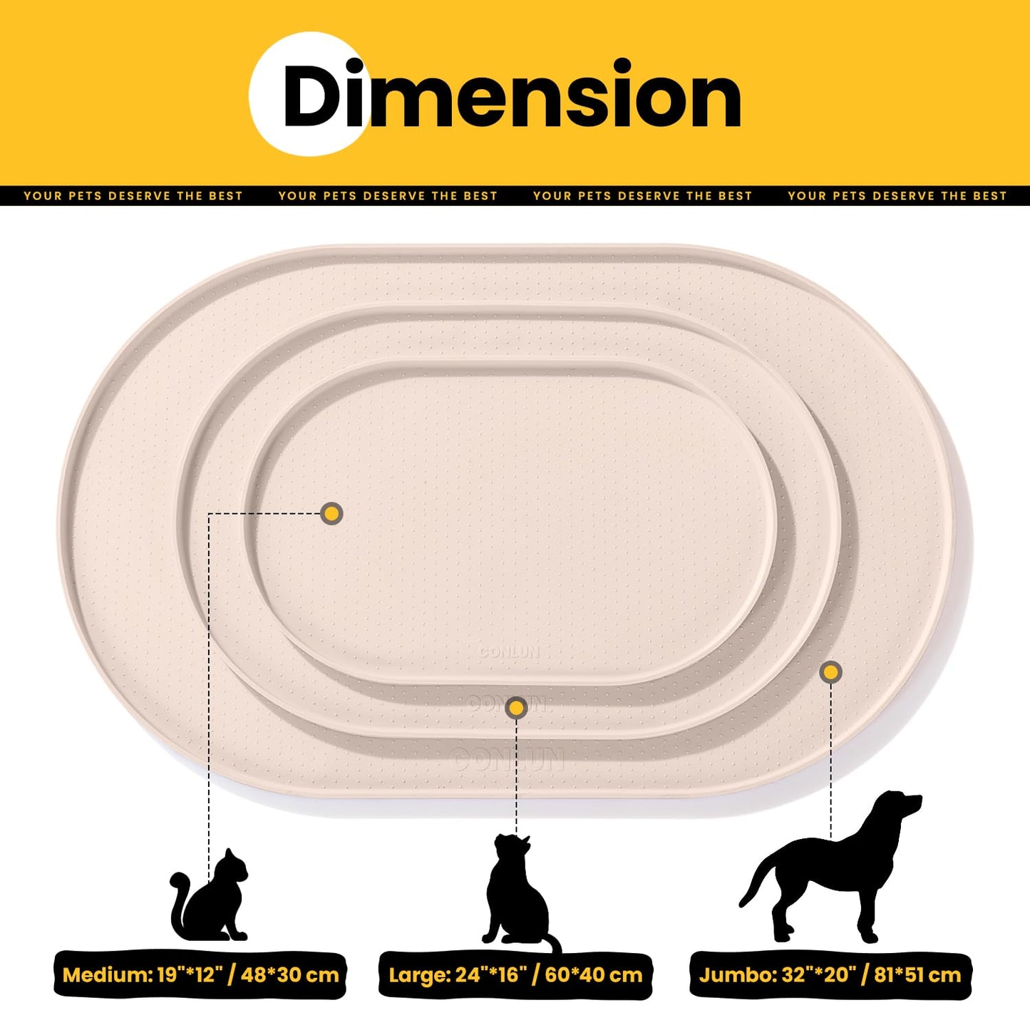 Conlun Dog Food Mat,1/2 Inch Raised Edges Cat Feeding Mat,BPA-Free Silicone Pet Mats for Floor Waterproof,Rubber Placemats for Food and Water Bowls(Natural Tan,18.9"x11.8")