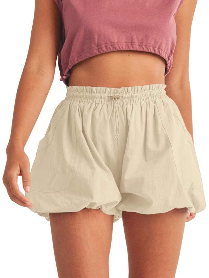 Fisoew Womens Summer Bubble Shorts Casual High Waisted Workout Puffy Shorts with Pockets Apricot
