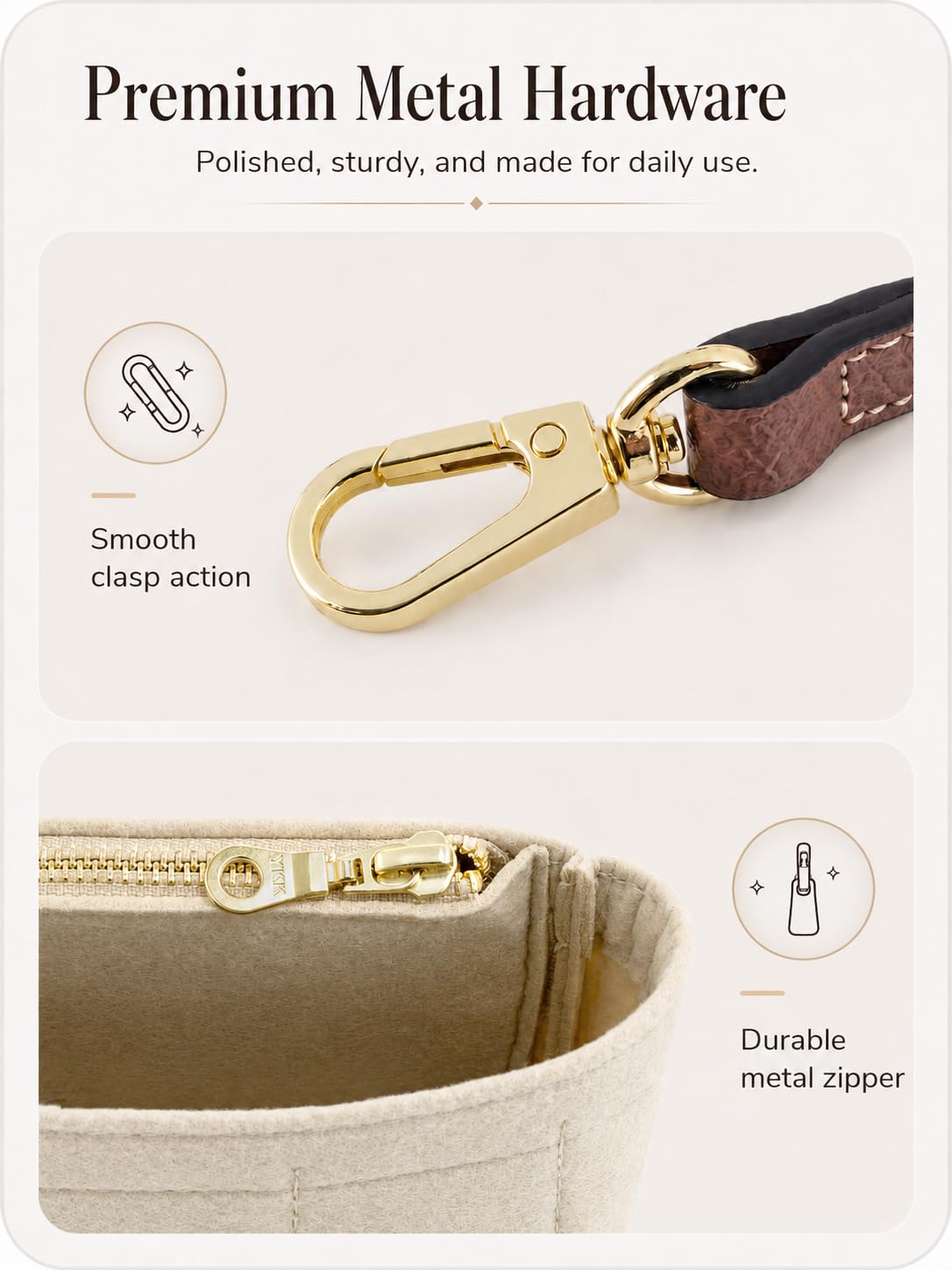ATSEKTZ Purse Organizer Insert & Leather Strap Conversion Kit Set, Compatible with Longchamp Le Pliage Mini Bag – Felt Inner Liner & Adjustable Shoulder Strap, Beige
