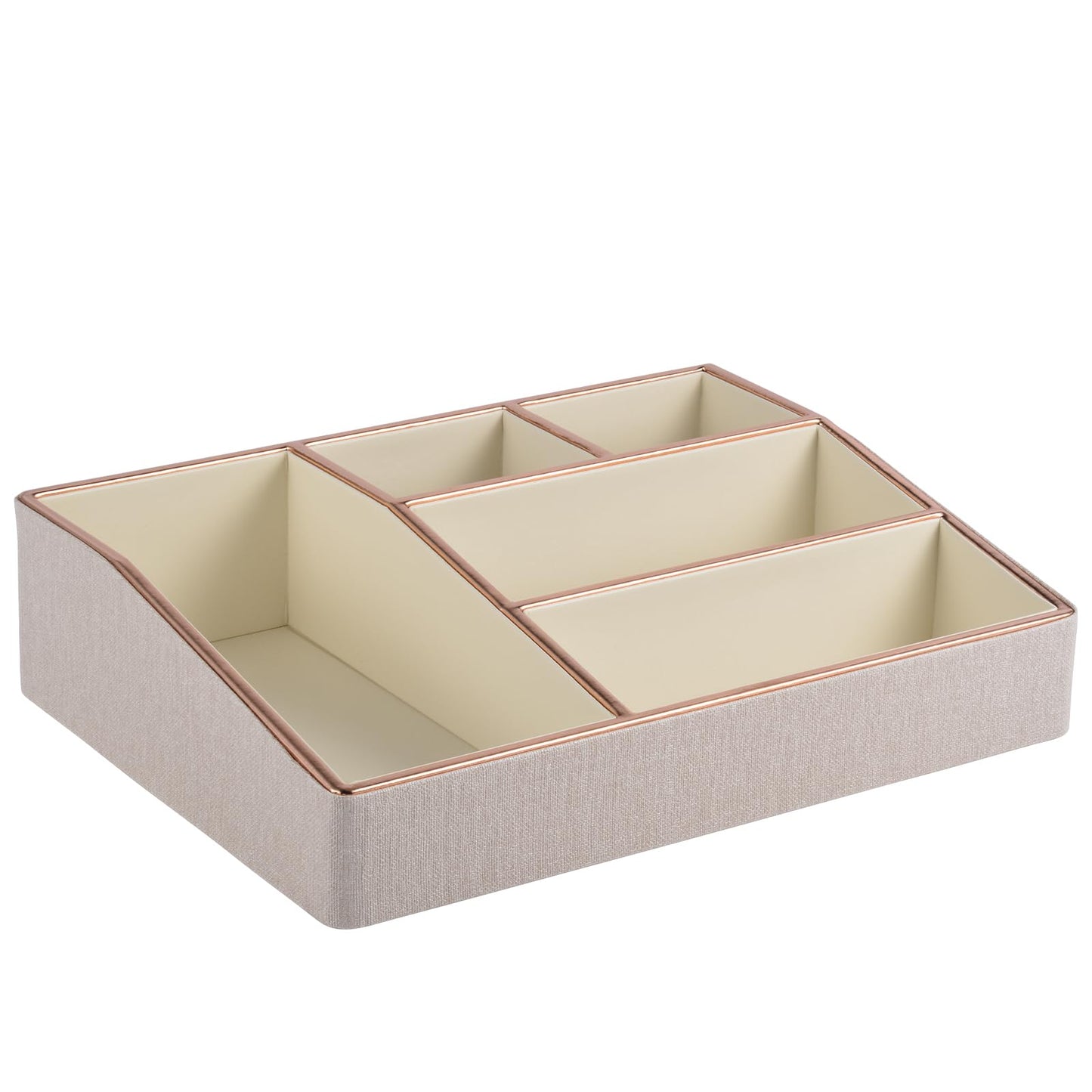PU Leather Makeup Organizer Tray,Large Vanity Organizer,Cosmetic Storage Box for Lipstick Brushes Skincare Perfume,Cosmetic Display Case Rose Gold-trimmed for Dresser,Bathroom Countertop(Beige)