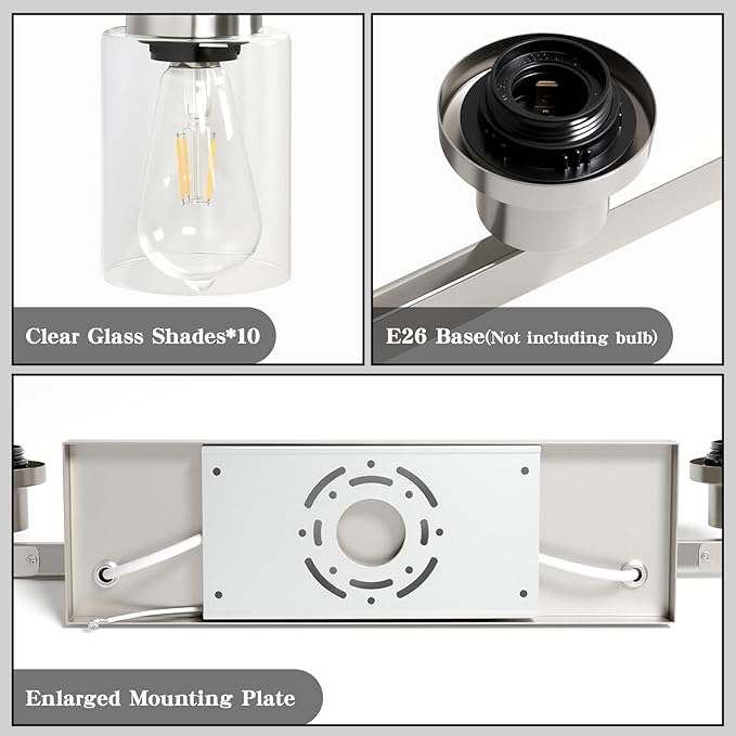 Brushed Nickel Bathroom Vanity Light,10-Light Vanity Lights with Clear Glass,64.5in Modern Bathroom Wall Lights Fixtures Over Mirror,Wall Sconces Lighting for Bedroom Living Room,E26