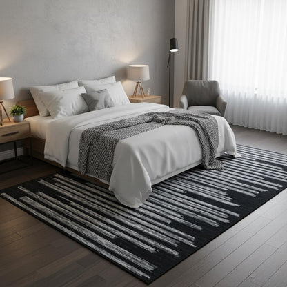 GarveeHome Large Area Rug 9x12 Modern Striped Non Slip Stain Resistant Washable Rug for Living Room Dining Room Bedroom Guest Room Home Office Low Pile Soft Carpet Kids&Pets Friendly, Black