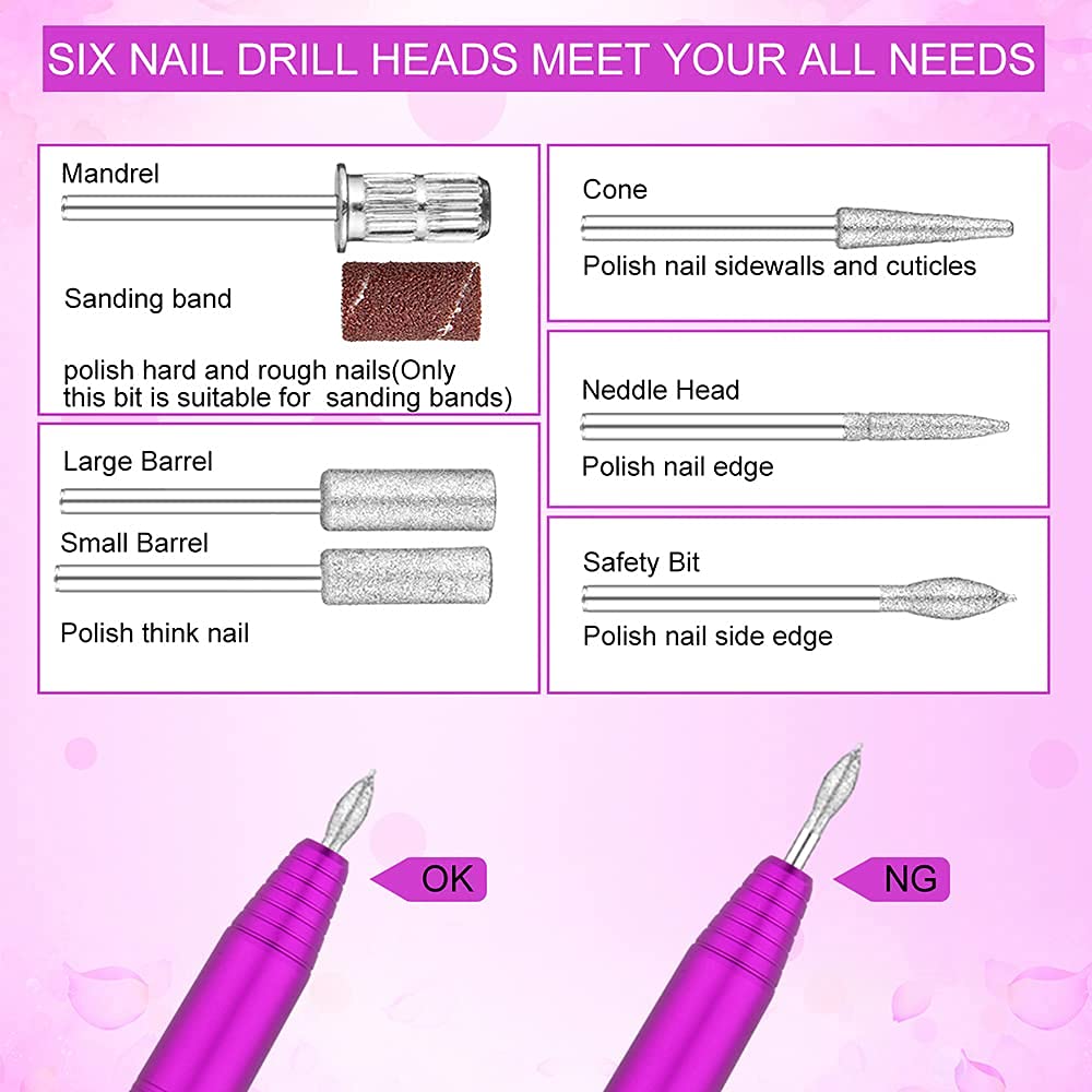 Portable Electric Nail Drill File Machine with Acrylic Nail Kit Set Professional 20000rpm Manicure Pedicure with Sanding Bands Brush for Nail Art Gel Nail Polish Tips Clippers