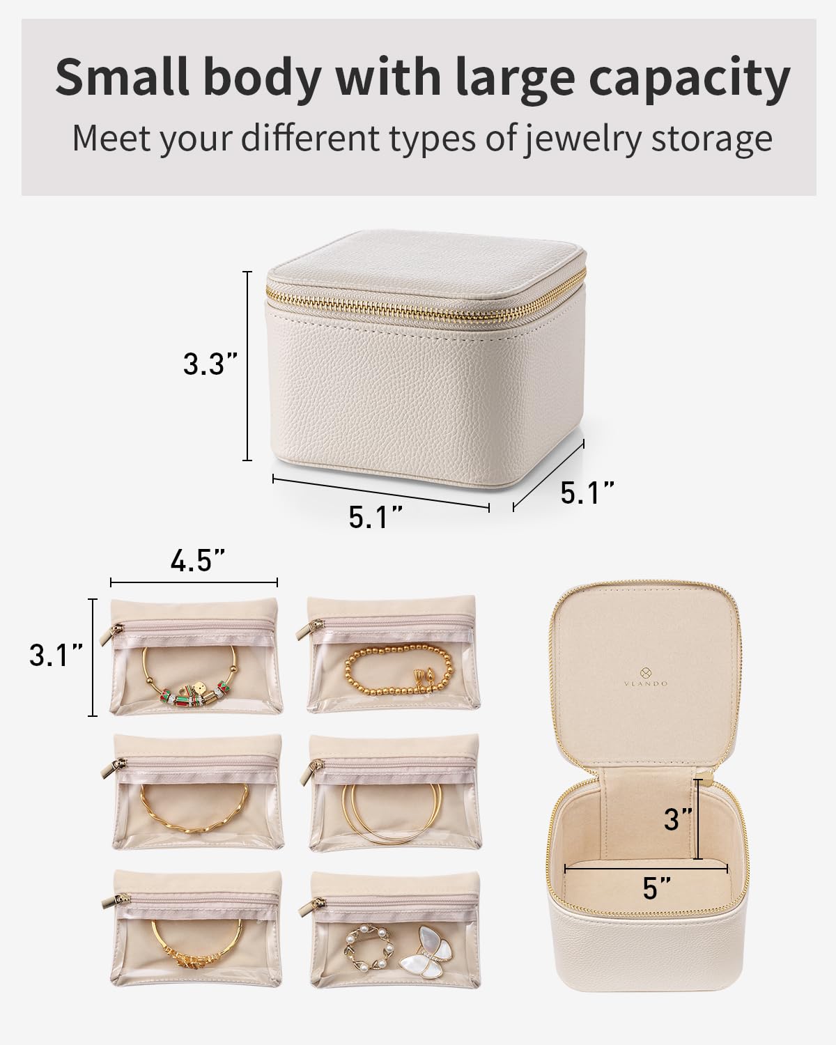 VLANDO Travel Jewelry Organizer Case with 6 Clear Velvet Zipper Pouches, Faux Leather Jewelry Storage Box for Rings, Earrings, Necklaces and Bracelets, Gift for Women