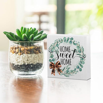 Home Sweet Home Wooden Box Sign, House Warming Gifts New Home, New Home Gift Ideas, Rustic Farmhouse Home Apartment Living Room Bedroom Desk Table Decor, Spring Wreath Wood Block Plaque