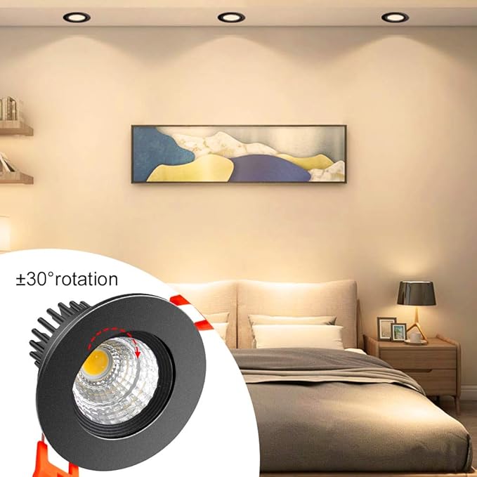 2 Inch LED Downlight, 3W Recessed Lighting COB Dimmable, 3000K Warm White, CRI80, Black Trim, Ceiling Lights with LED Driver, 1 Pack