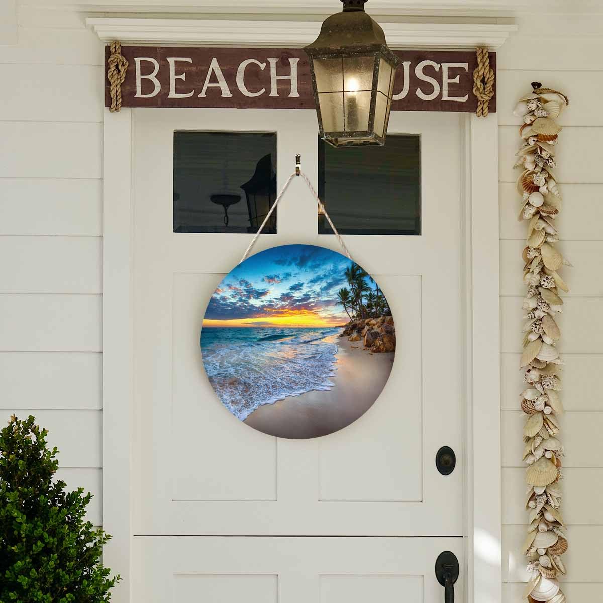 Beabes Welcome Sign Rustic Round Sign Front Door Wreaths Beauty Sunset Beaches for Outdoor Indoor Wall Hanging Decorations 12x12in
