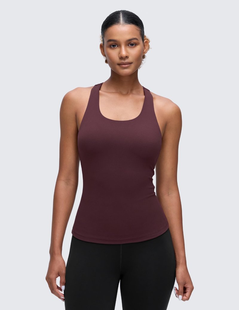 CRZ YOGA Butterluxe Workout Racerback Tank Tops for Women - Padded Athletic Spandex Yoga Shirts with Built in Bra Ripe Plum Small
