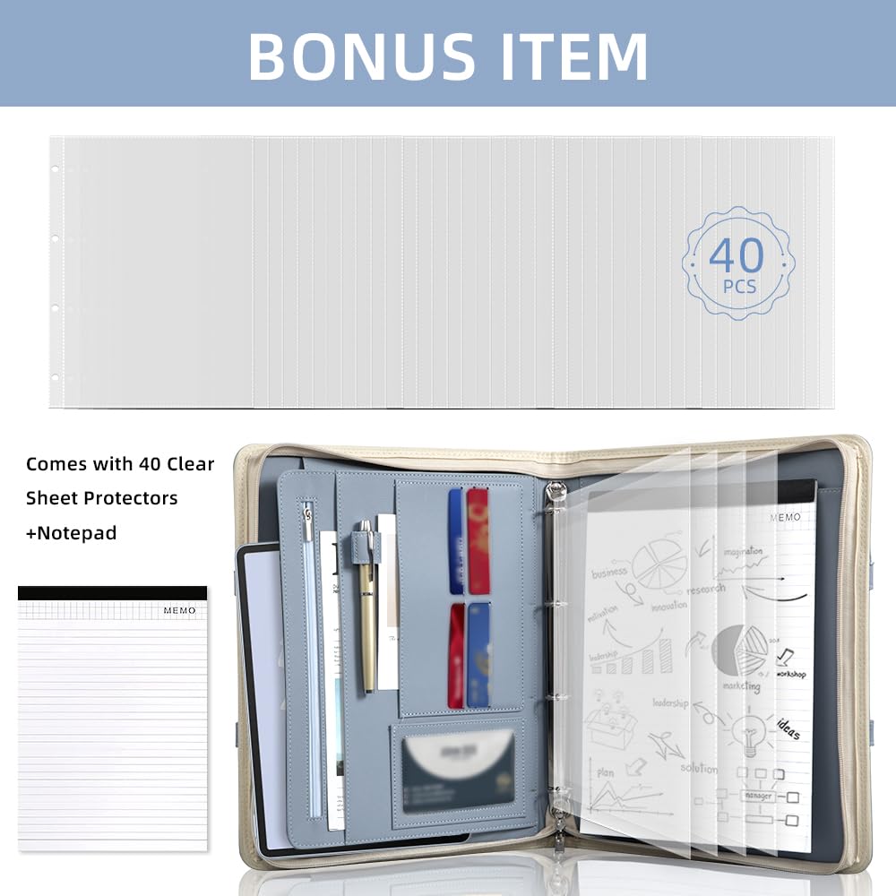 [BRAVE ELK] All-in-One Zippered Padfolio Business Portfolio, Textured Leather Portfolio Binder with 40 Transparent Sleeves, Tablet Holder & Writing Pad, Professional Document Organizer for Men & Women