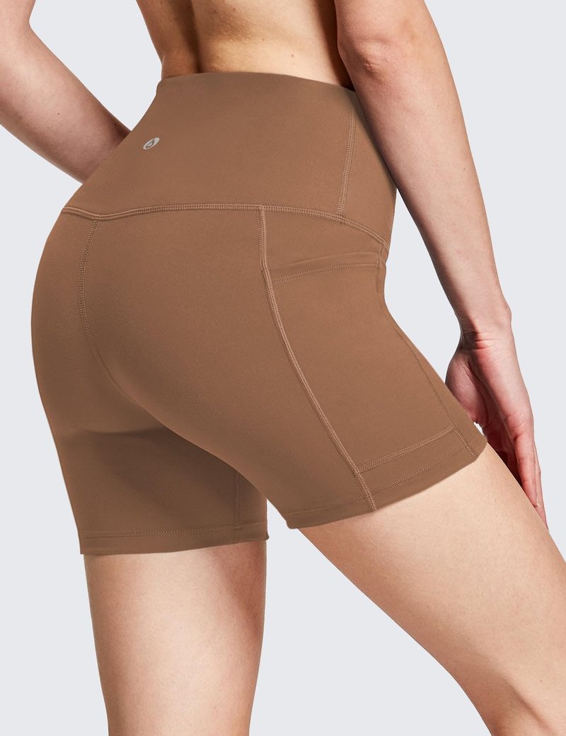 baleaf Biker Shorts Women Yoga Gym Workout Spandex Running Volleyball Tummy Control Compression with Pockets Soft 5" Brown M