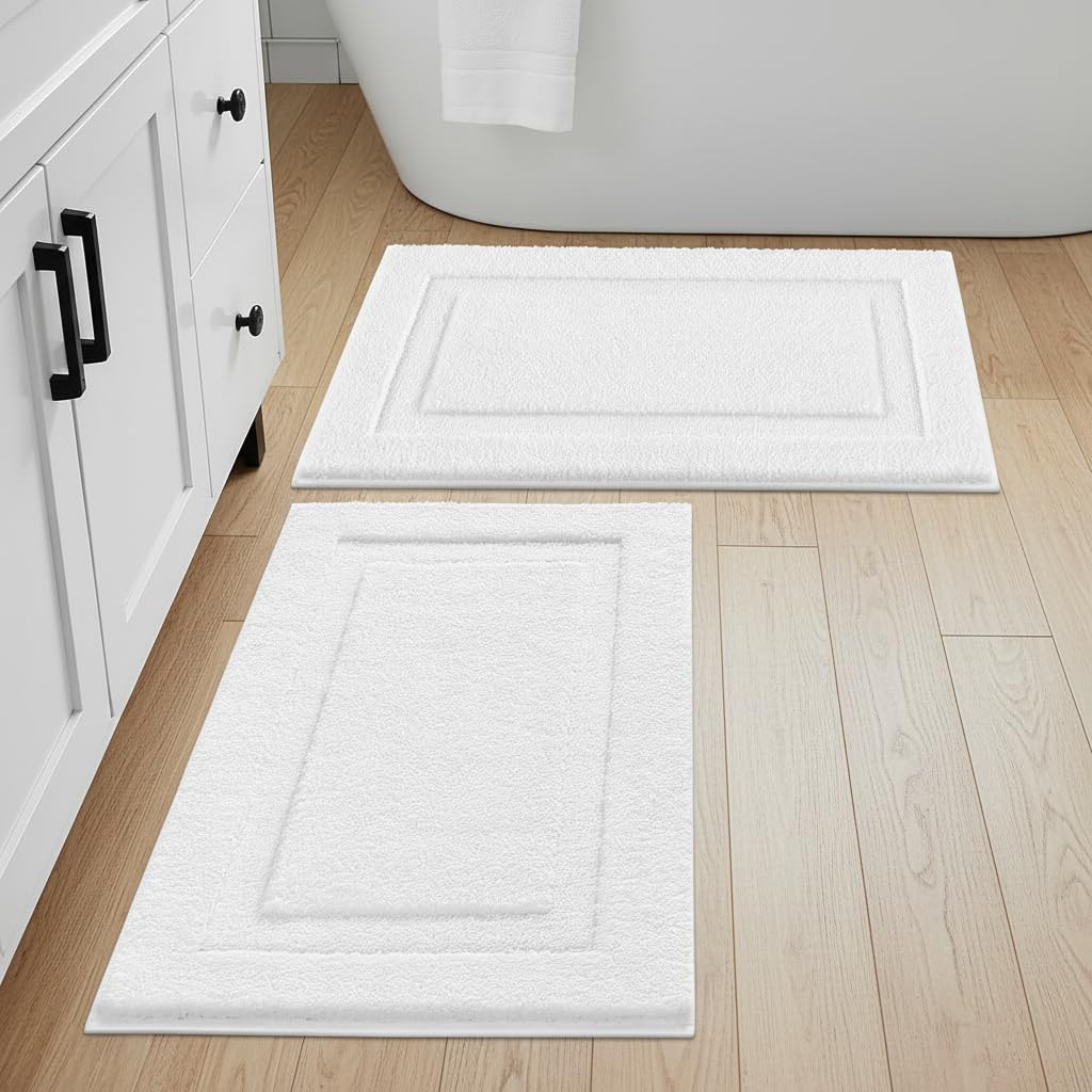 SHACOS Soft Fluffy White Bath Rugs Mats Set of 2 Pieces 16x24 + 20x32 inch, Non Slip Washable Bathroom Rugs, Microfiber Absorbent Bath Rug Plush Floor Rug Carpet