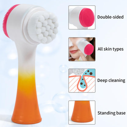 Face Brush 2 in 1, Facial Cleansing Exfoliating Scrubber Brush, Silicone Double Side Manual Face Wash Scrub Brush with Soft Bamboo Charcoal Fiber for Deep Pore Cleansing, Massaging, Skin Care