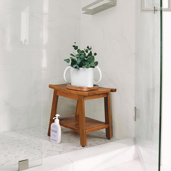 TEAKMAMA 21 Inch Teak Shower Bench with Storage Shelf and Handles, Teak Wood Shower Stool Waterproof Bath Chair for Indoor and Outdoor Use, Bathroom Stools for Adults Sitting