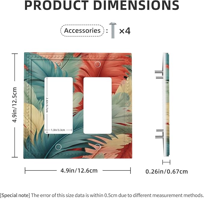 Colorful Feathers Blue Red Dual Outlet Covers Wall Plate 2 Gang Rocker Decora Decorative Switchplate Electrical Faceplate GFCI Light Switch Covers for Farmhouse Living Decor