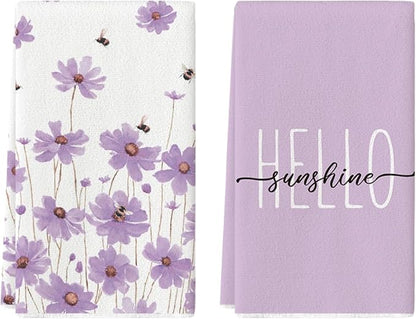 Artoid Mode Purple Flowers Bee Hello Sunshine Summer Kitchen Towels Dish Towels
