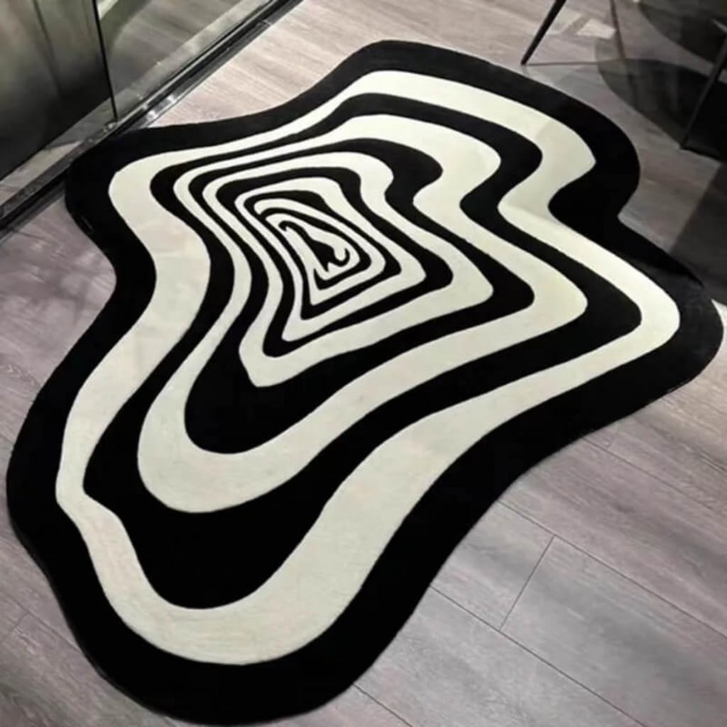Black and White Abstract Striped Irregular Shape Area Rug 6ft Faux Wool Ultra Soft Rug for Livingroom Bedroom Diningroom Aesthetic Home Office Decor Playroom Carpet