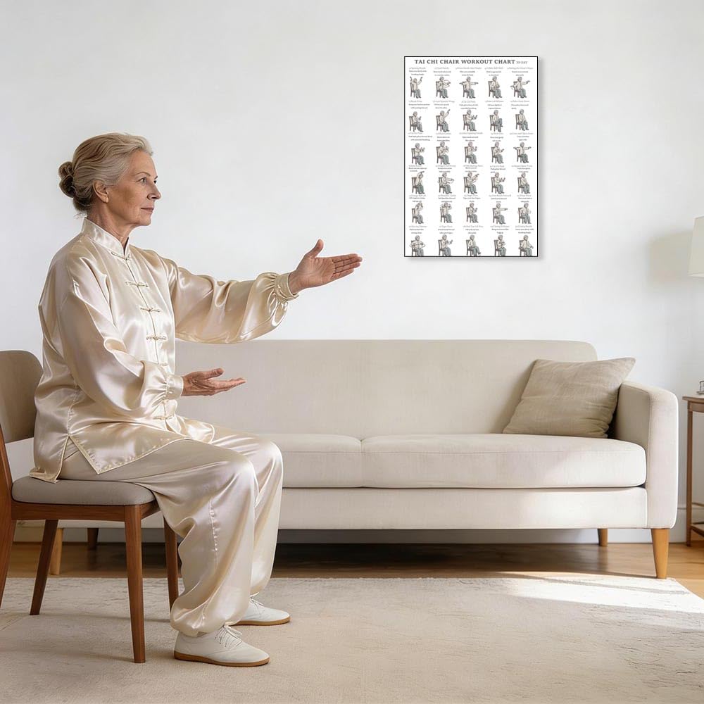 Tai Chi Chair Workout Chart Poster Print Seated Exercises for Beginners and Seniors Canvas Wall Art Home Gym Living Room Decor 12x18 Inch Unframed A